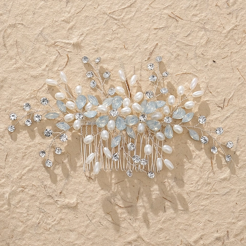 Pettine per Capelli Sposa in Strass Argento e Perla Artificiale Vintage Fatto a Mano Copricapo Matrimonio Floreale Donna