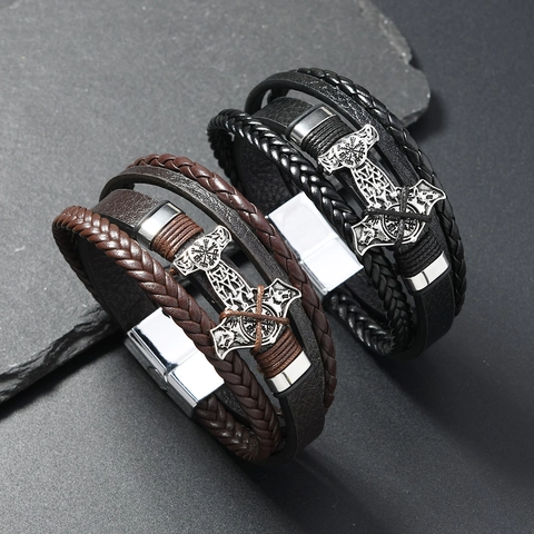 Bracciale da Uomo Vintage Multistrato in Pelle Corda Intrecciata Con Ciondolo in Lega di Martello di Thor Nordico Gioielli Vichinghi Geometrici