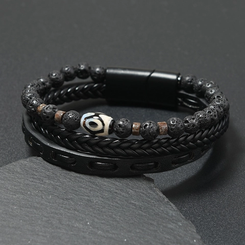 Herren Vintage Mehrlagiges Geflochtenes PU-Leder Armband Naturstein Dzi-Perlen Armband Mit Magnetverschluss Ethnisch Punk Schmuck