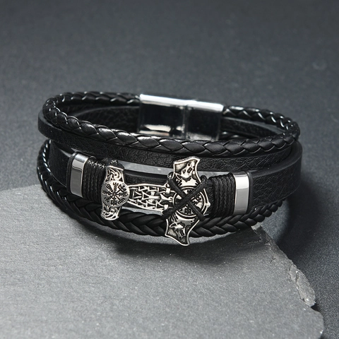 Bracciale da Uomo Vintage Multistrato in Pelle Corda Intrecciata Con Ciondolo in Lega di Martello di Thor Nordico Gioielli Vichinghi Geometrici