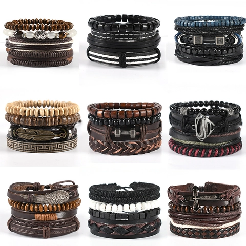 Herren Retro Mehrlagiges Lederarmband Set Handgefertigt Gewebtes Seil Legierung Flügel Kreuz Anhänger Punk Boho Wickelarmband Schmuck