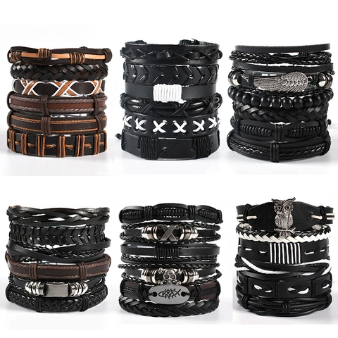 Men's Retro Punk Multi-layer Braided Leather Bracelet Set With Owl Wing Skull Pendant Handmade Bohemian Cord Jewelry For Men