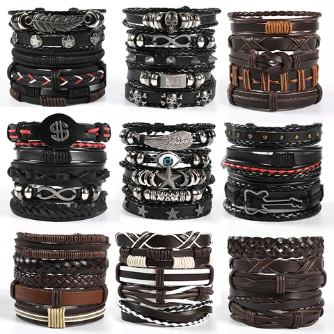Set di Braccialetti in Pelle Intrecciata Multistrato Vintage Punk da Uomo Con Ciondoli a Forma di Teschio Piuma Chitarra Gioielli Retro