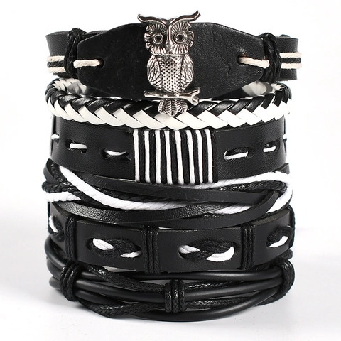Men's Retro Punk Multi-layer Braided Leather Bracelet Set With Owl Wing Skull Pendant Handmade Bohemian Cord Jewelry For Men