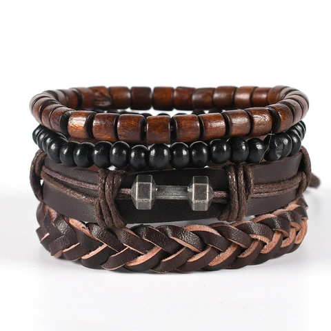 Men Multi-layer Leather Bracelet Set With Dumbbell Charm Vintage Punk Handwoven Cord Wood Beads Sporty Wristband Jewelry