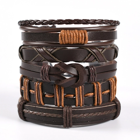 Set di Braccialetti in Pelle Intrecciata Multistrato Vintage Punk da Uomo Con Ciondoli a Forma di Teschio Piuma Chitarra Gioielli Retro
