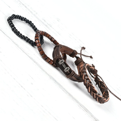 Men Multi-layer Leather Bracelet Set With Dumbbell Charm Vintage Punk Handwoven Cord Wood Beads Sporty Wristband Jewelry