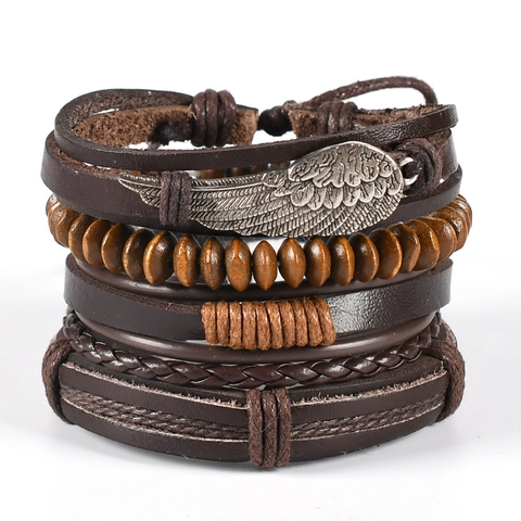 Vintage Lederarmband Für Herren Engelsflügel Feder Anhänger Mehrlagige Geflochtene Kordel Holzperle Bohemian Modeschmuck