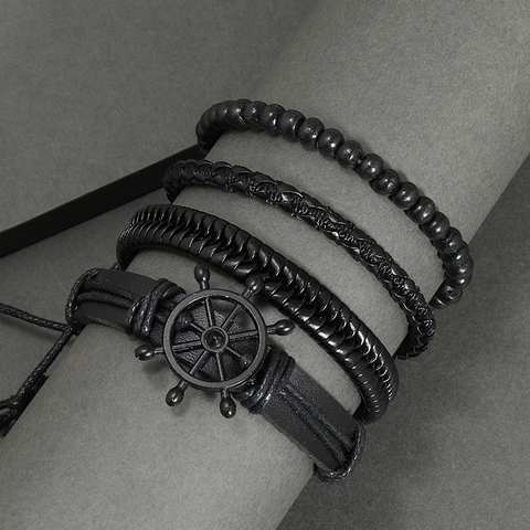 Vintage Multi Layer Leather Bracelet For Men Handmade Braided Rope Wood Beads Helm Pendant Nautical Punk Jewelry Accessory