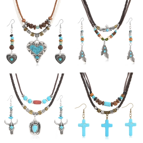 Vintage Bohemian Jewelry Set Braided Faux Leather Necklace Turquoise Earrings Western Bull Feather Heart Cross Jewelry