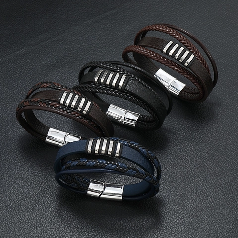 Men Vintage Multilayer Braided Leather Bracelet Alloy Magnetic Clasp Handmade Punk Casual Wristband Fashion Jewelry Gift