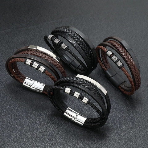 Vintage Multilayer Braided Leather Bracelet Alloy Magnet Buckle Punk Casual Style Hand-Woven Fashion Jewelry For Men