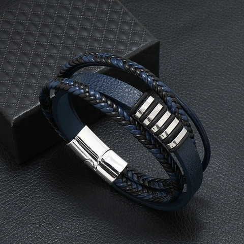 Men Vintage Multilayer Braided Leather Bracelet Alloy Magnetic Clasp Handmade Punk Casual Wristband Fashion Jewelry Gift