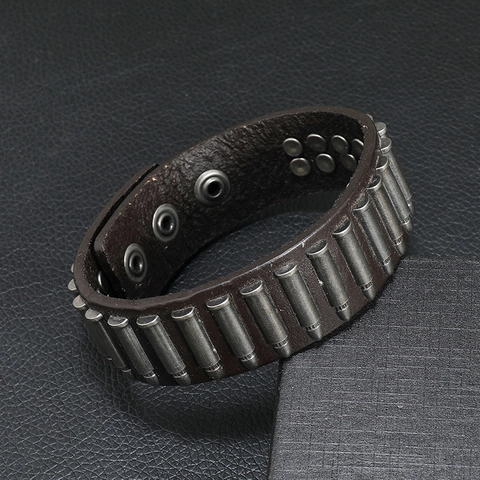 Brazalete Ancho de Cuero de Vaca Punk Rock para Hombre Con Remaches de Bala de Aleación Joyería de Brazalete Ajustable Retro