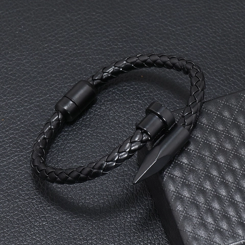 Pulsera de Cuero Trenzado Vintage Con Cierre Magnético Decorativo de Clavo de Aleación Estilo Punk Industrial Para Hombre Joyería