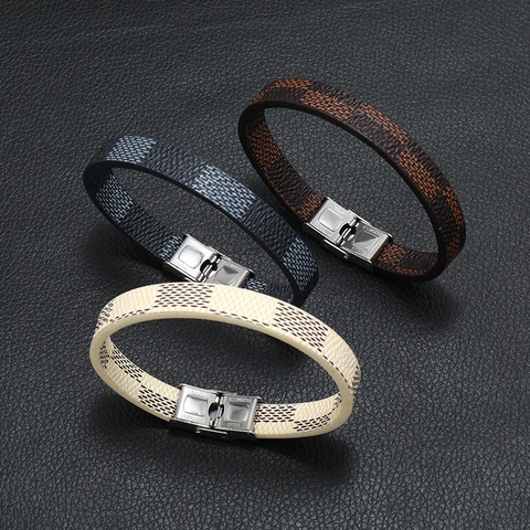Bracelet Homme en Acier Inoxydable et Cuir Motif Géométrique Style Punk pour Fête Quotidienne Bijoux de Mode
