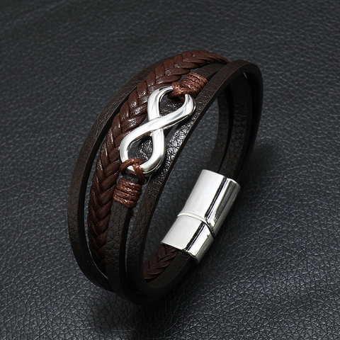 Men Vintage Multi Layer Leather Bracelet With Infinity Symbol Alloy Magnetic Buckle Punk Woven Braid Wrap Hand Jewelry