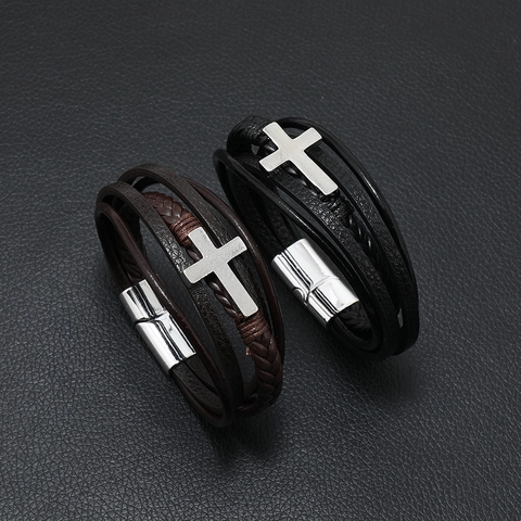 Vintage Herren Mehrlagiges Lederarmband Mit Legierung Kreuz Anhänger Magnetverschluss Geflochtenes Punk Armband Für Den Alltag