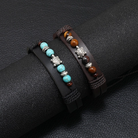 Braccialetto Vintage Multistrato in Pelle Intrecciata Con Ciondolo a Tartaruga in Lega Perline in Occhio di Tigre e Turchese Gioielli Etnici Per Uomo Donna