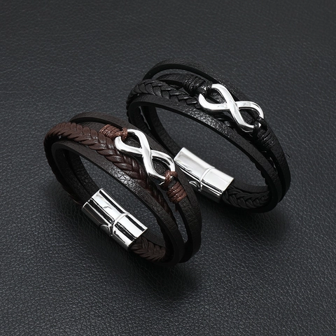 Men Vintage Multi Layer Leather Bracelet With Infinity Symbol Alloy Magnetic Buckle Punk Woven Braid Wrap Hand Jewelry