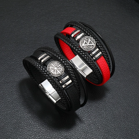 Herren Geflochtenes Lederarmband Nordisch Wikinger Kompass Anhänger Magnetverschluss Mehrlagig Retro Punk Stil Schmuck