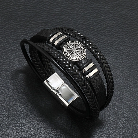 Herren Geflochtenes Lederarmband Nordisch Wikinger Kompass Anhänger Magnetverschluss Mehrlagig Retro Punk Stil Schmuck