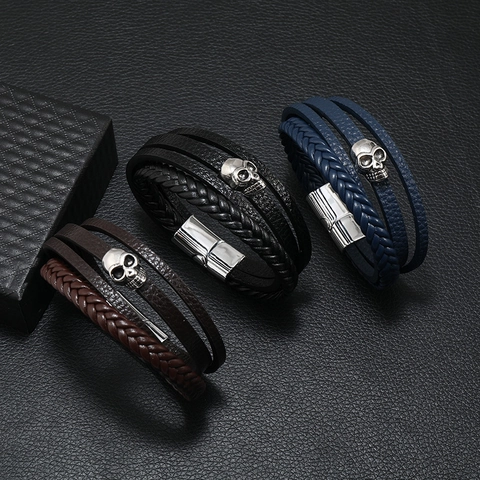 Bracciale Multistrato in Pelle da Uomo Con Teschio in Lega Punk Intrecciato Con Chiusura Magnetica Gioielli Gotici Retrò
