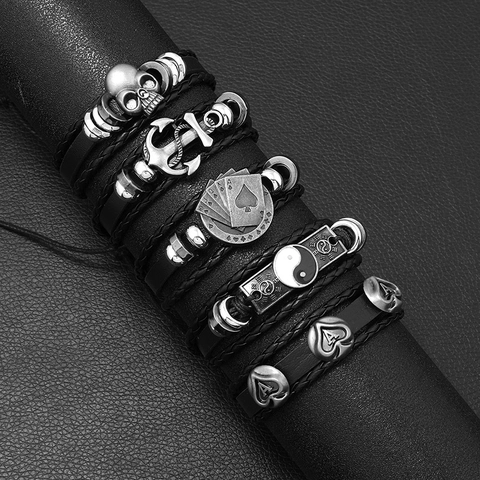 Bracciale in Pelle Intrecciata Retro da Uomo Lega Teschio Albero della Vita Regolabile Multistrato Punk Rock Gioielli da Festa