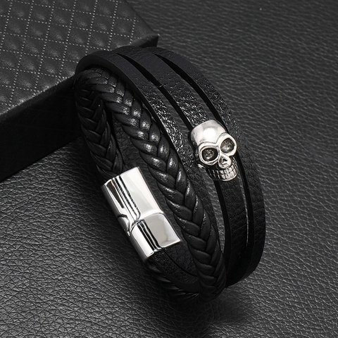 Bracciale Multistrato in Pelle da Uomo Con Teschio in Lega Punk Intrecciato Con Chiusura Magnetica Gioielli Gotici Retrò