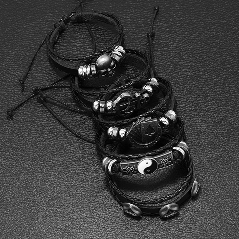 Bracciale in Pelle Intrecciata Retro da Uomo Lega Teschio Albero della Vita Regolabile Multistrato Punk Rock Gioielli da Festa