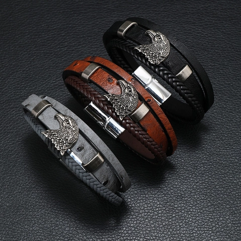 Bracciale da Uomo Vintage Multistrato in Vera Pelle con Testa di Aquila in Lega Chiusura Magnetica Gioiello Punk Intrecciato