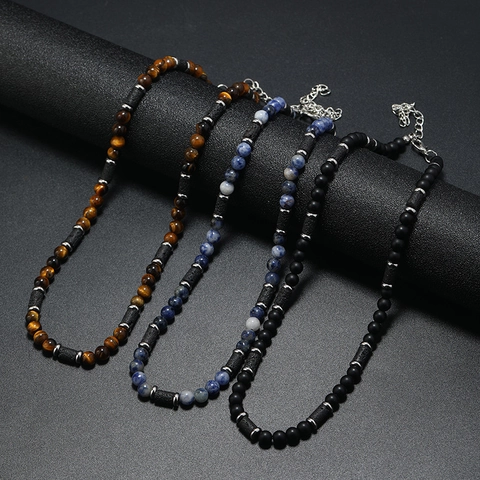 Collana di Perline Fatta a Mano in Pietra Lavica e Occhio di Tigre Naturale per Uomo Stile Bohemién Minimalista Regolabile Gioielli