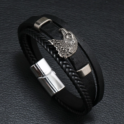 Bracciale da Uomo Vintage Multistrato in Vera Pelle con Testa di Aquila in Lega Chiusura Magnetica Gioiello Punk Intrecciato