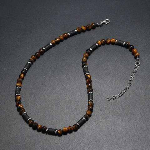 Collana di Perline Fatta a Mano in Pietra Lavica e Occhio di Tigre Naturale per Uomo Stile Bohemién Minimalista Regolabile Gioielli
