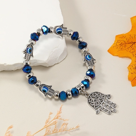 Pulsera de Cuentas Étnica Turca Mal de Ojo Mano de Fátima para Mujeres Hombres Cristal Artificial Aleación Joyería de Strass