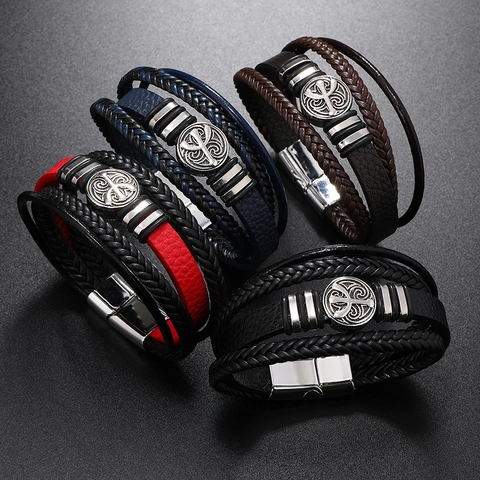 Vintage Multi-Layer Braided Leather Bracelet For Men Handmade Alloy Cactus Pendant Magnetic Clasp Punk Hand Jewelry