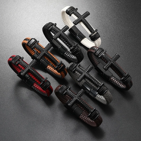 Herren Retro Handgewebt Leder Kreuz Armband Punk Stil Legierung Magnetverschluss Geflochtenes Armband Religiöser Schmuck