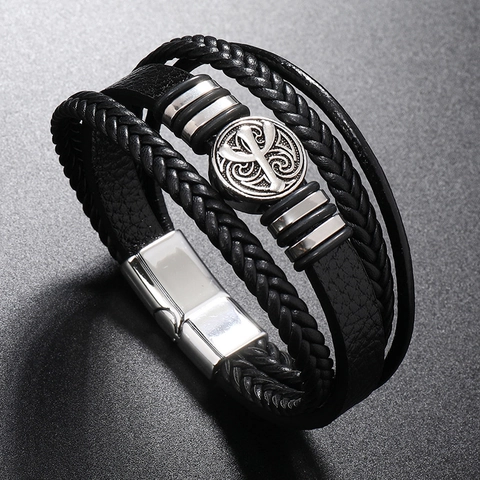 Vintage Multi-Layer Braided Leather Bracelet For Men Handmade Alloy Cactus Pendant Magnetic Clasp Punk Hand Jewelry