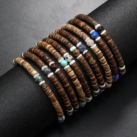 Bracelet Bohème Fait Main en Perles de Pierre et Coque de Noix de Coco Naturelle Bijoux Ethniques Élastiques Mixte