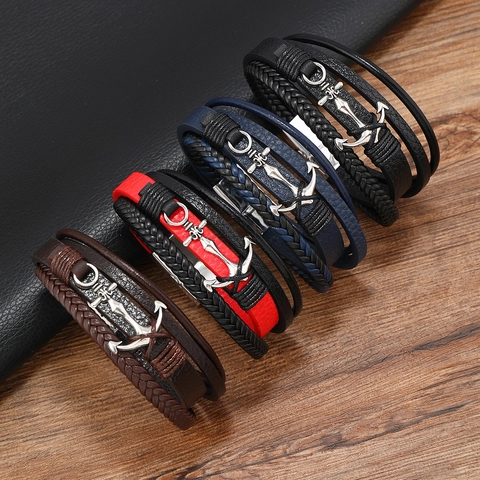 Bracciale Nautico Vintage da Uomo a Più Strati in Lega con Ancora in Pelle Artificiale Intrecciata Chiusura Magnetica Gioielli
