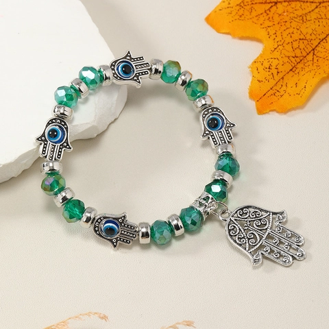 Pulsera de Cuentas Étnica Turca Mal de Ojo Mano de Fátima para Mujeres Hombres Cristal Artificial Aleación Joyería de Strass