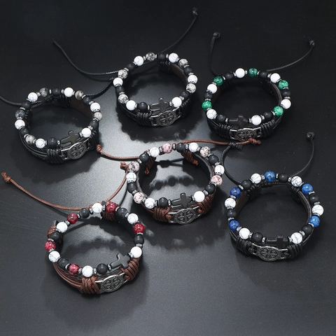 Heren Vintage Religieuze St Benedict Medaille Leer Gevlochten Armband Set Met Kruis Kralen Legering Armband Retro Punk Sieraden