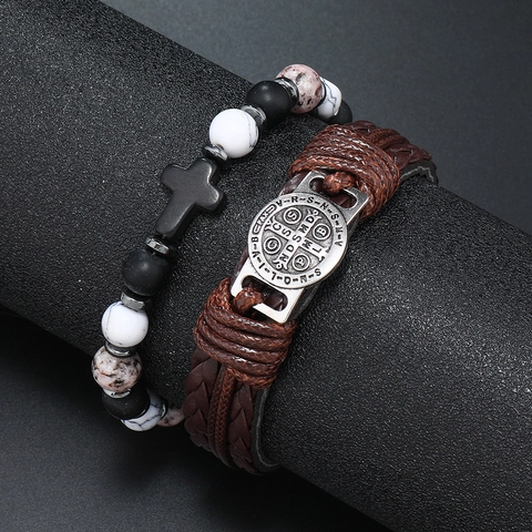 Heren Vintage Religieuze St Benedict Medaille Leer Gevlochten Armband Set Met Kruis Kralen Legering Armband Retro Punk Sieraden