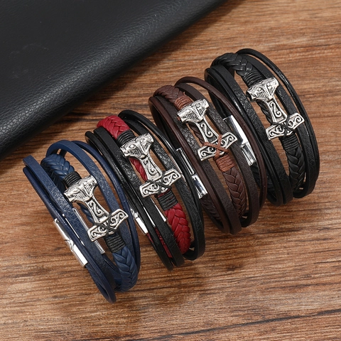 Herren Mehrlagiges Leder Geflochtenes Armband Mit Vintage Legierung Thors Hammer Mjölnir Anhänger Wikinger Punk Schmuck Geschenk