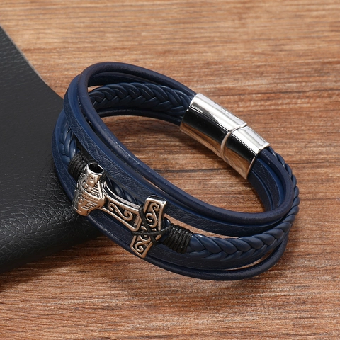 Herren Mehrlagiges Leder Geflochtenes Armband Mit Vintage Legierung Thors Hammer Mjölnir Anhänger Wikinger Punk Schmuck Geschenk