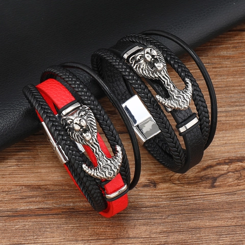 Moda Uomo Bracciale in Pelle Intrecciata Multistrato Stile Punk Testa di Leone Ancora Charms Fibbia in Lega Gioielli Regalo
