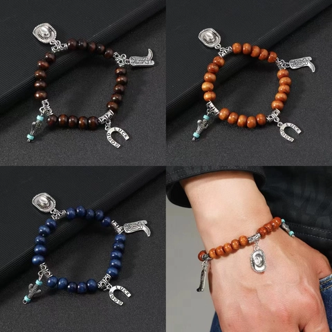Vintage Western Cowboy Wood Beaded Bracelet For Men Women Handmade Elastic Jewelry With Cowboy Hat Boot Horseshoe Cactus Charms
