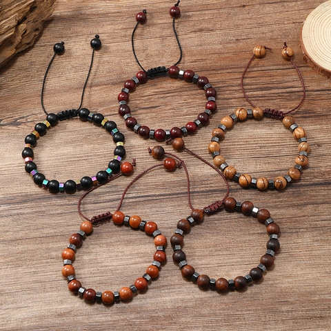 Bracelet Homme Minimaliste en Perles de Bois Ajustable Corde Tressée Poignet de Surfeur Vintage Hématite Style Ethnique Bijoux Artisanaux Cadeau