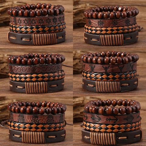 Vintage Men Leather Woven Bracelet Wood Beads Hexagram Rudder Skull Anchor Multilayer Punk Style Unisex Hand Jewelry Gift