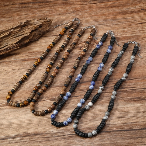 Collar de Cuentas de Piedra Natural y Madera de Coco Bohemio para Hombre Joyería Vintage con Cierre de Acero Inoxidable
